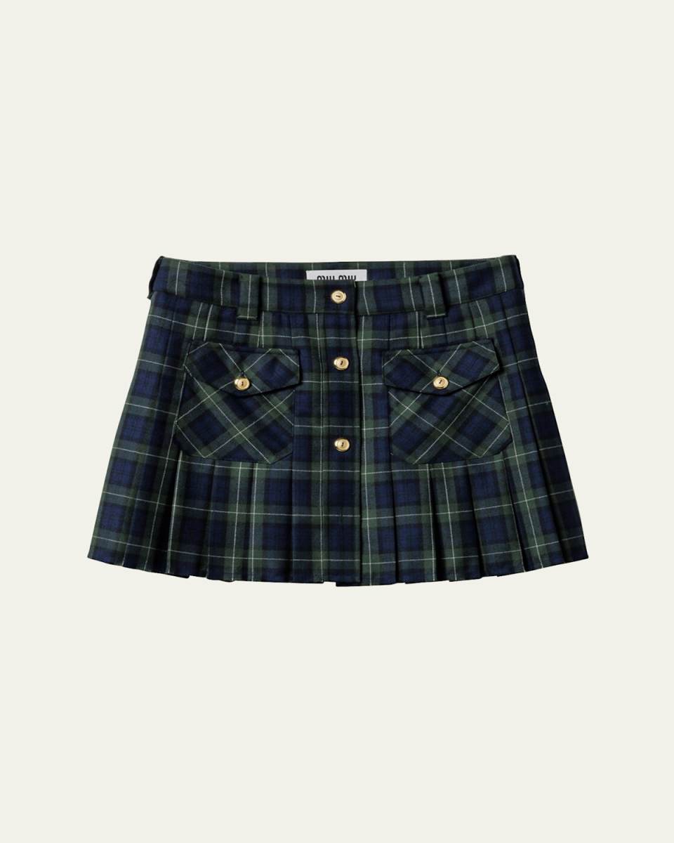 Pleated Tartan Mini Wool Skirt